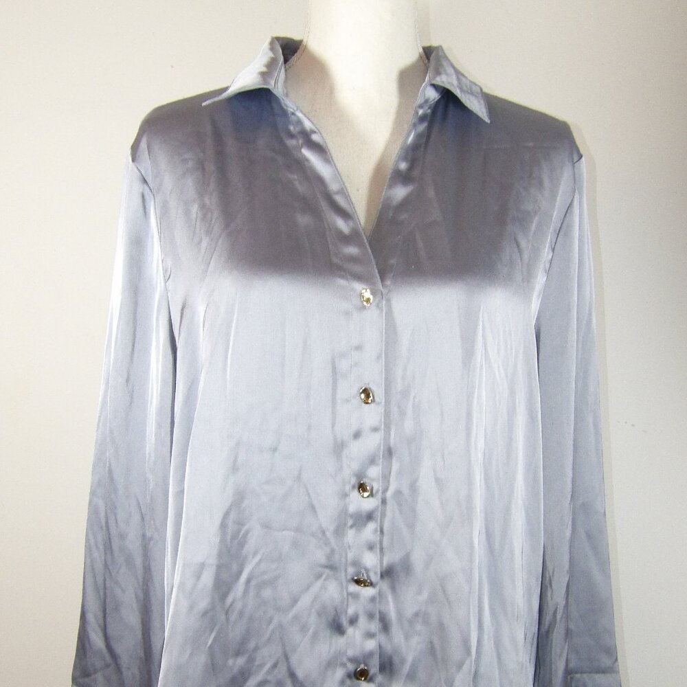 Entro Shirt Women's Satiny Polyester Medium Silver Gray Fringed Sleeves